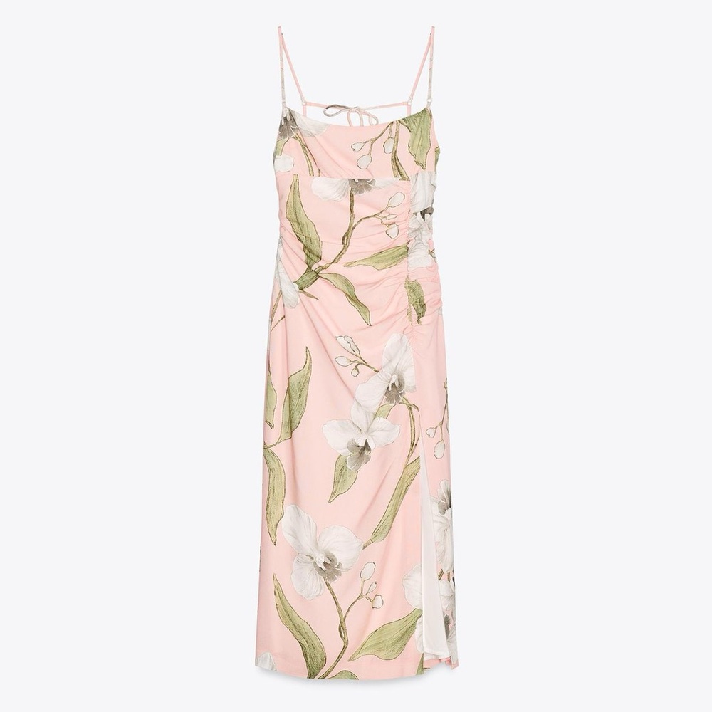 Zara Pink Floral Midi Dress with Green Leaves